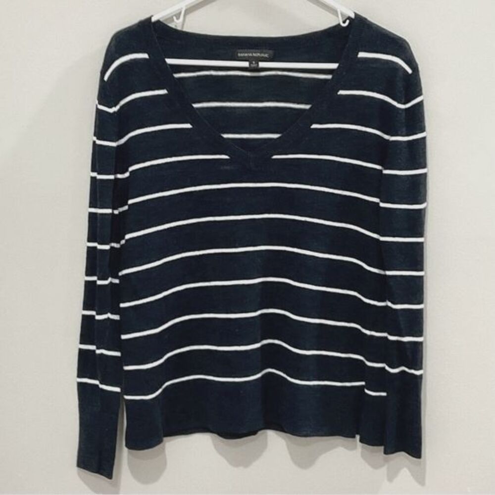 Banana Republic Navy Stripe Sweater Linen Blend V-Neck Long Sleeve Ladies Sz S